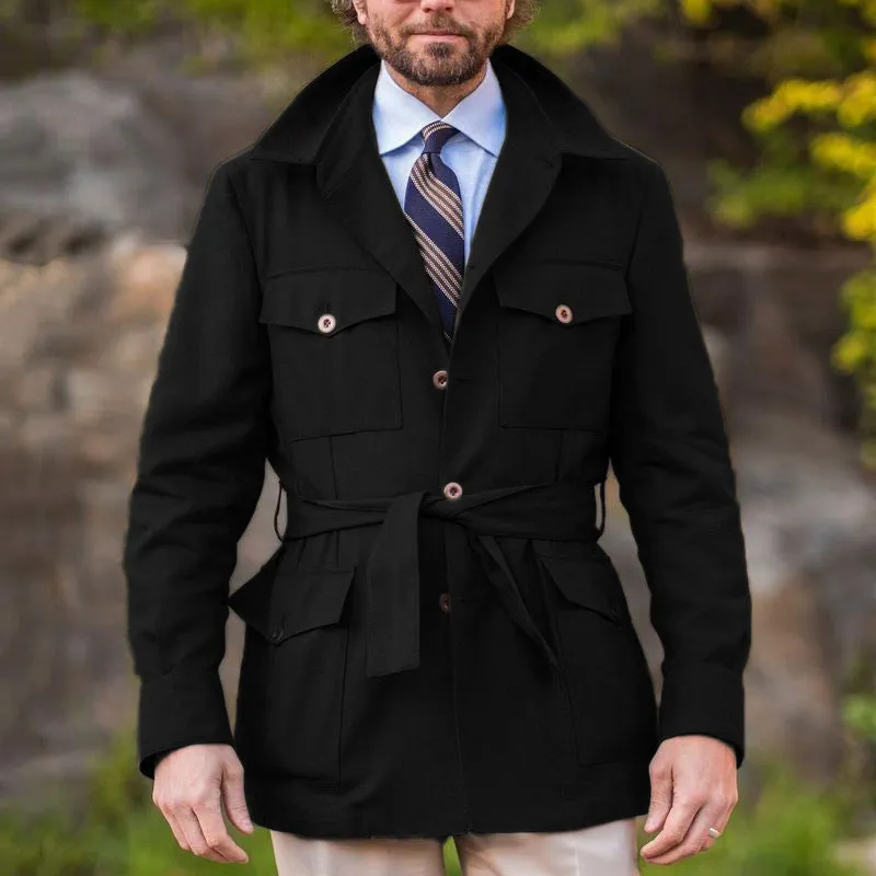 Advbridge Vintage Windbreaker For Men Spring Autumn Medium Long Multiple Pockets Overcoat With Belt Thin Slim Fit Jacket Coat Streetwear