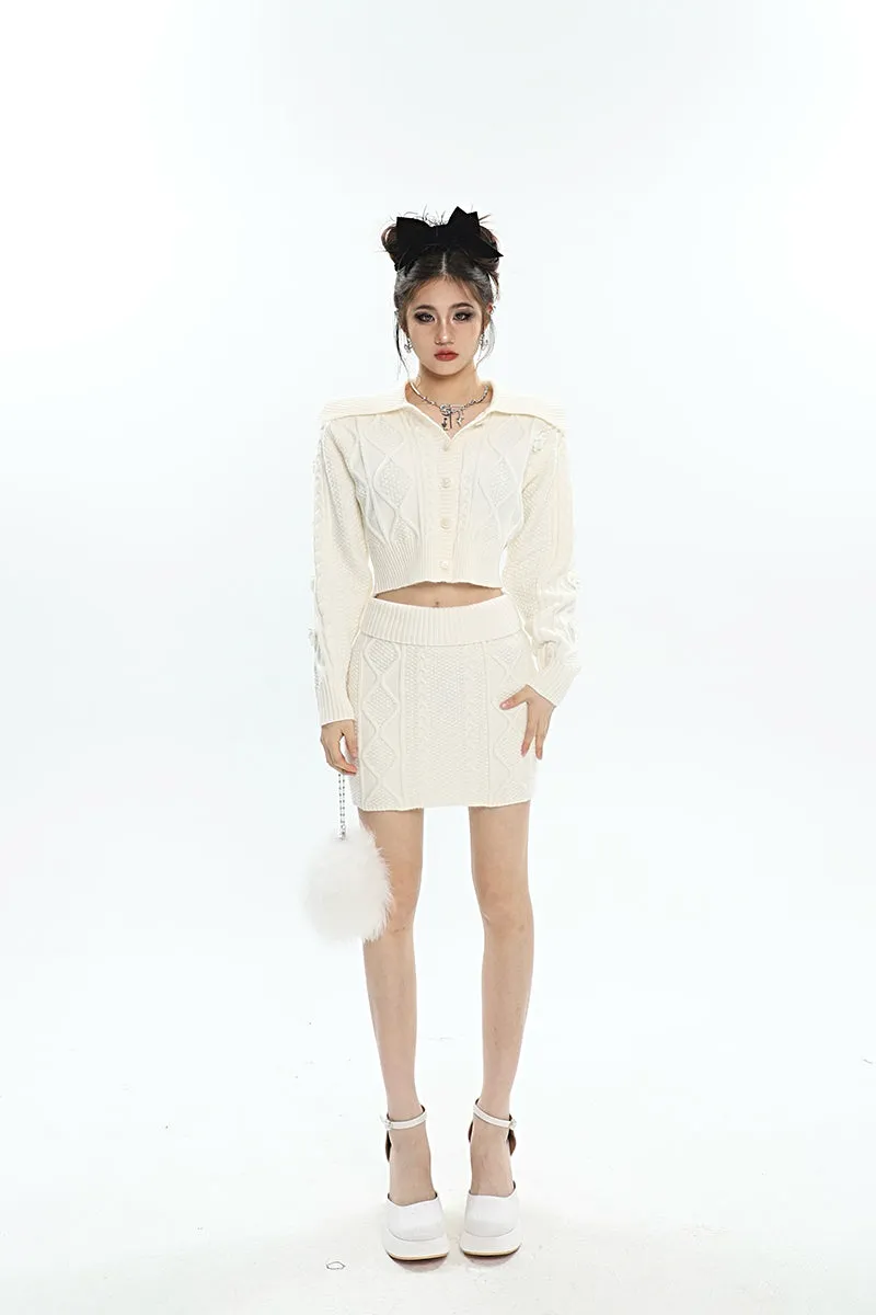 Aleah Solid Color Apricot Knitted Button Up Long Sleeve Cropped Top Slim Mini Skirt