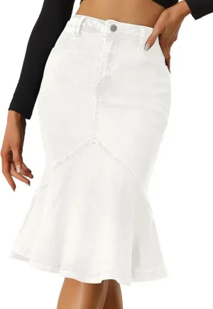 Allegra K Denim Jean Skirt for Women's High Waist Bodycon Ruffles Fishtail Skirts