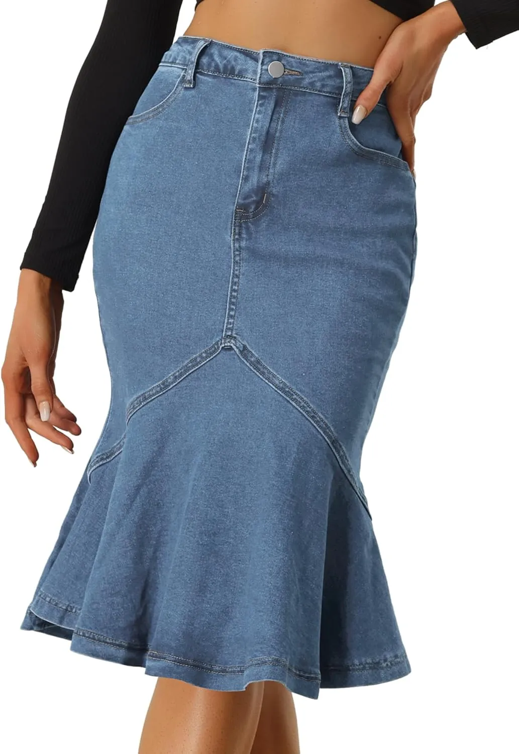 Allegra K Denim Jean Skirt for Women's High Waist Bodycon Ruffles Fishtail Skirts