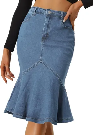 Allegra K Denim Jean Skirt for Women's High Waist Bodycon Ruffles Fishtail Skirts