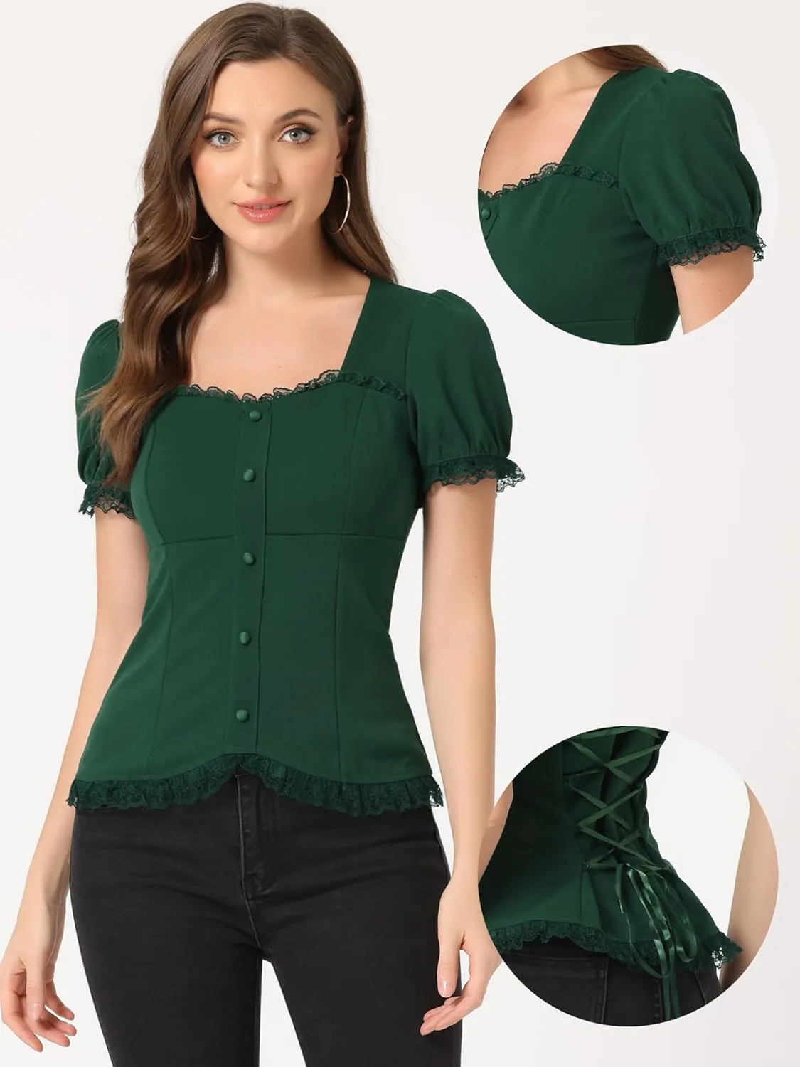 Allegra K Victorian Shirt for Women's Sweetheart Neck Puff Sleeve Halloween Lace Up Gothic Blouse