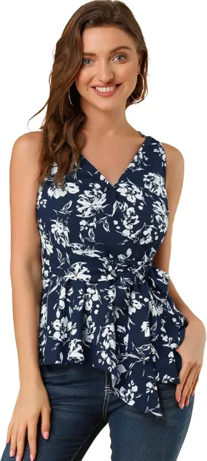 Allegra K Women's Sleeveless V Neck Tie Waist Asymmetric Hem Wrap Peplum Top