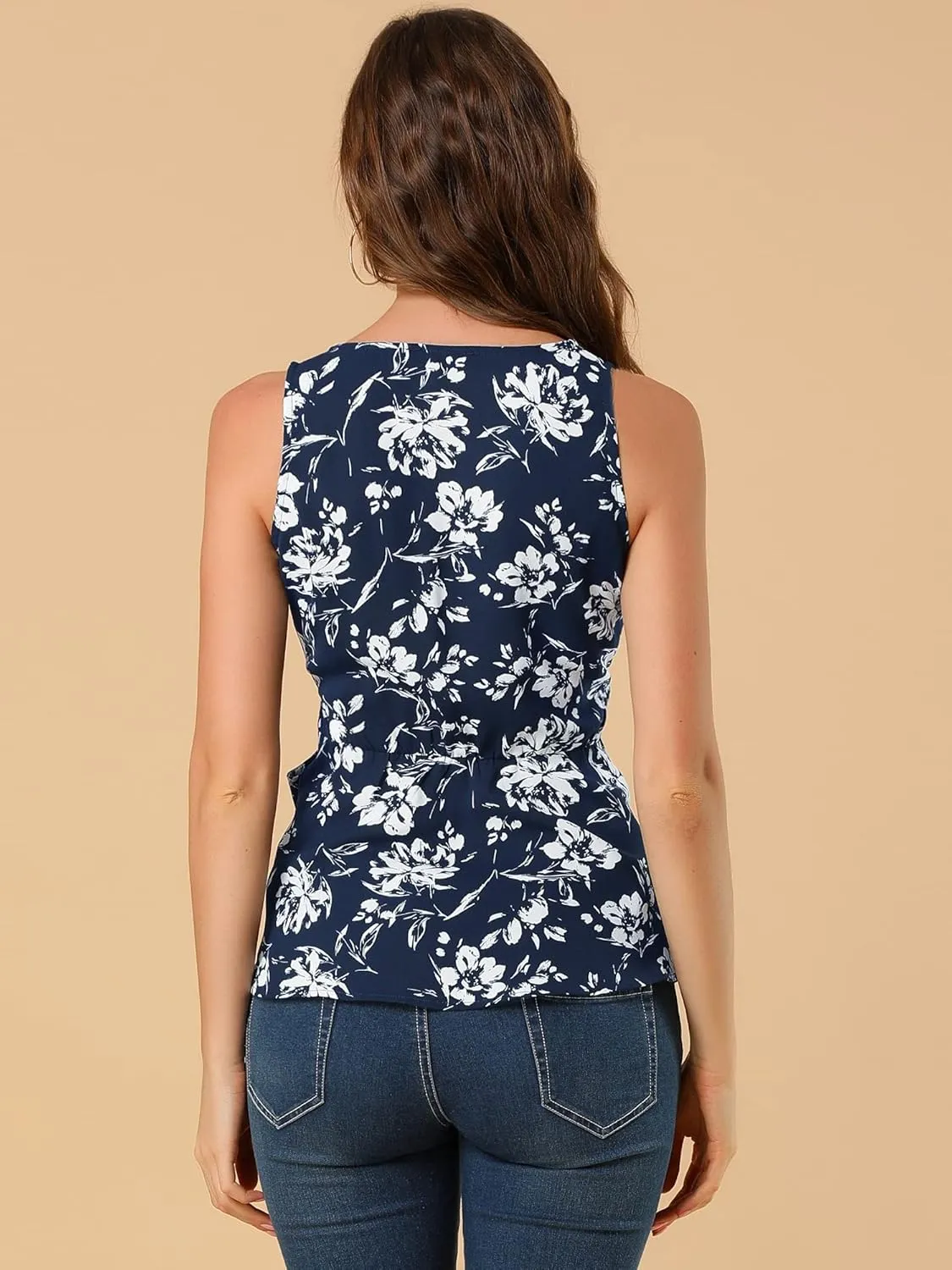 Allegra K Women's Sleeveless V Neck Tie Waist Asymmetric Hem Wrap Peplum Top