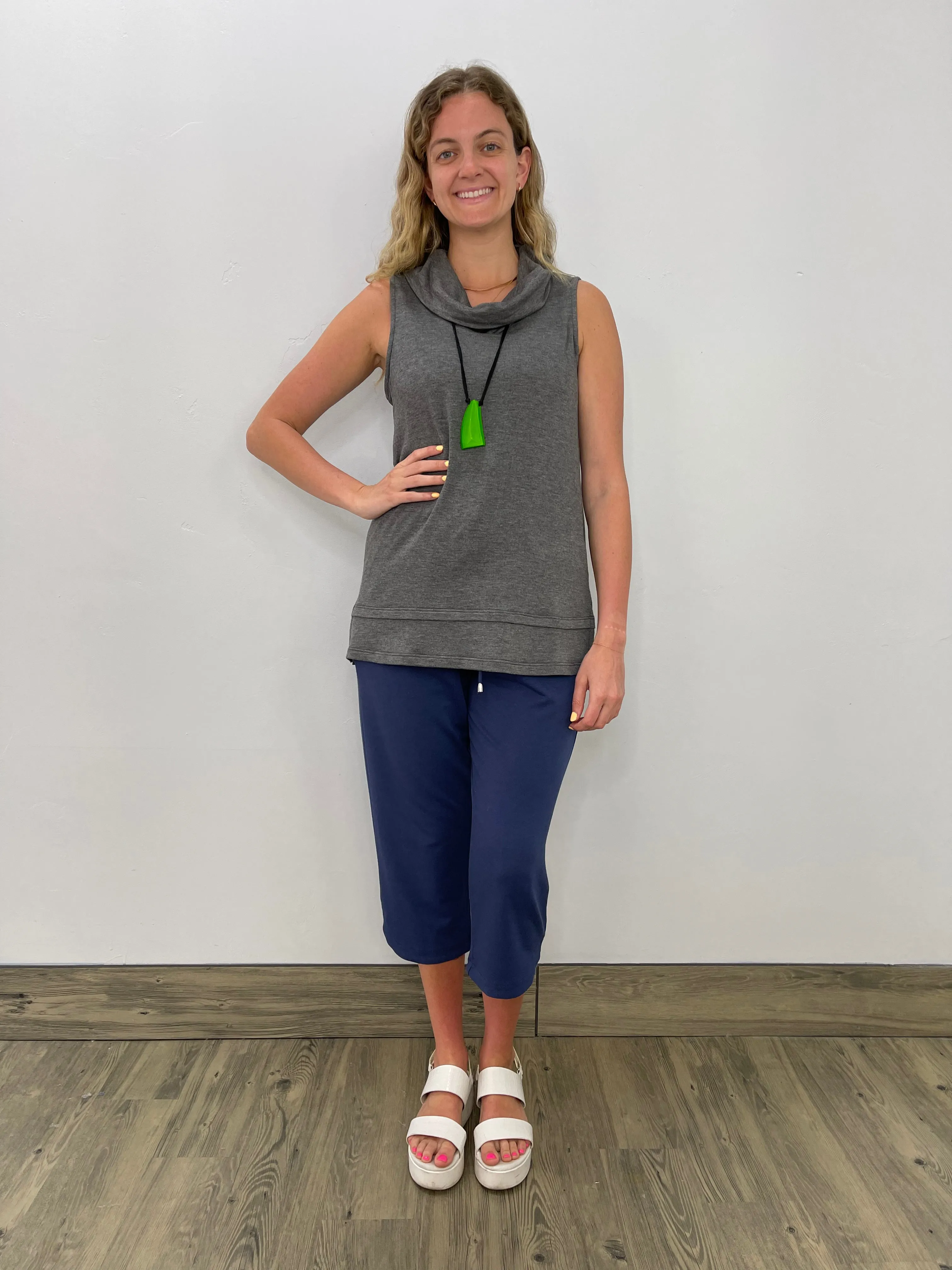 Charcoal Sleeveless Cowl Neck French Terry Top
