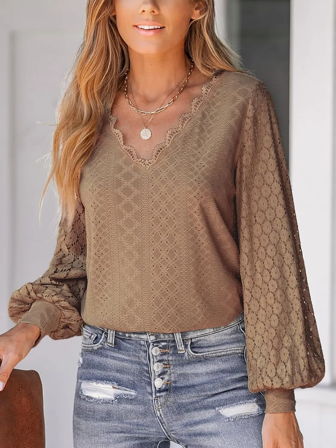 CUPSHE Long Sleeve Tops for Women Eyelet Scalloped Lace V Neck Blouse Casual Loose Fashion Shirts