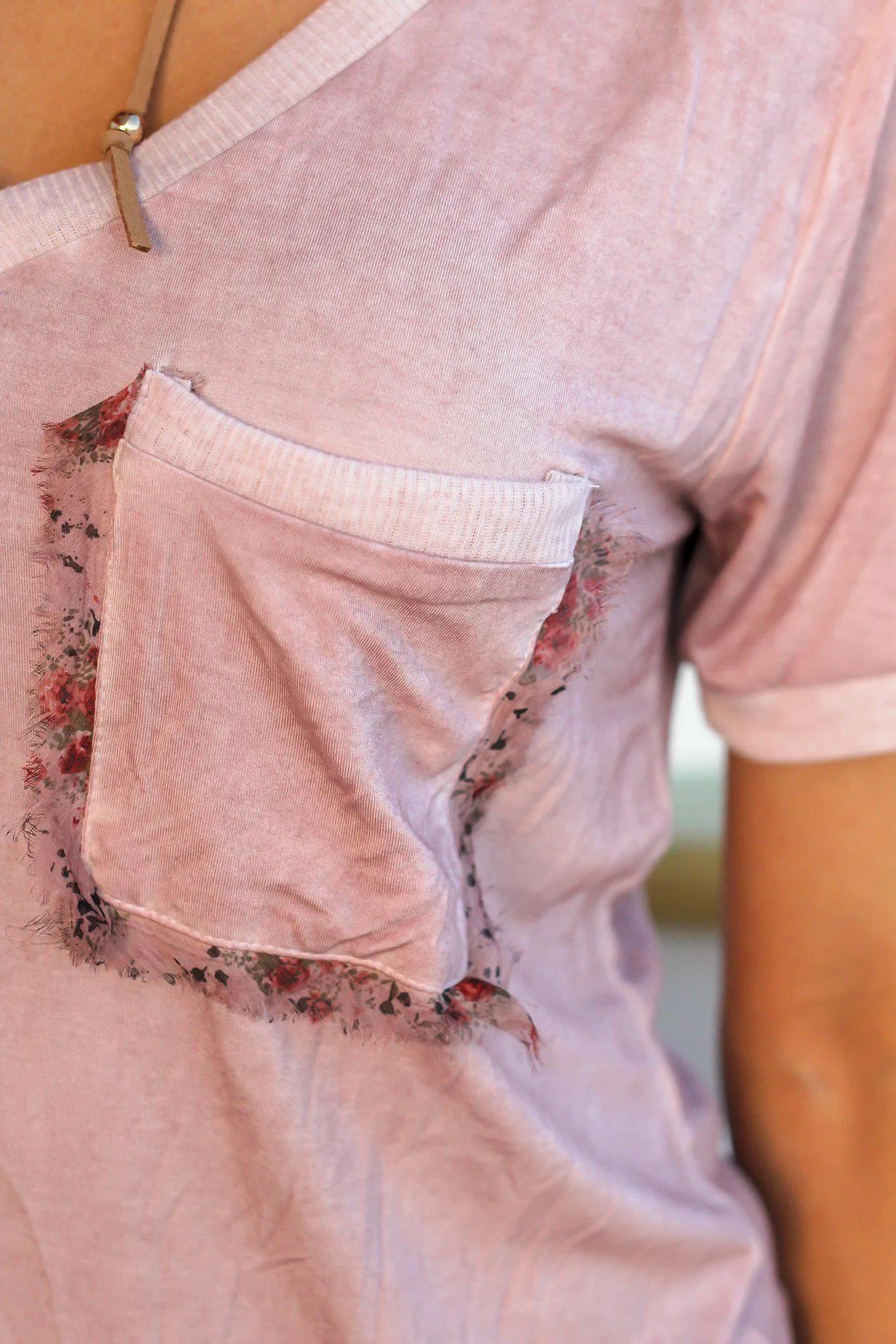 Dusty Pink V-Neck Top with Lace Trim Pocket