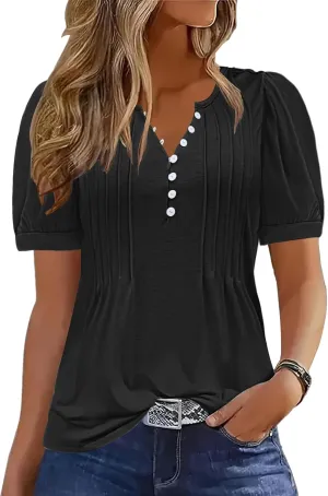 ETCYY Womens Shirts Dressy Casual Short Sleeve 2025 Summer Tops Spring V Neck Button Down Pleated Ladies Tunic Blouses