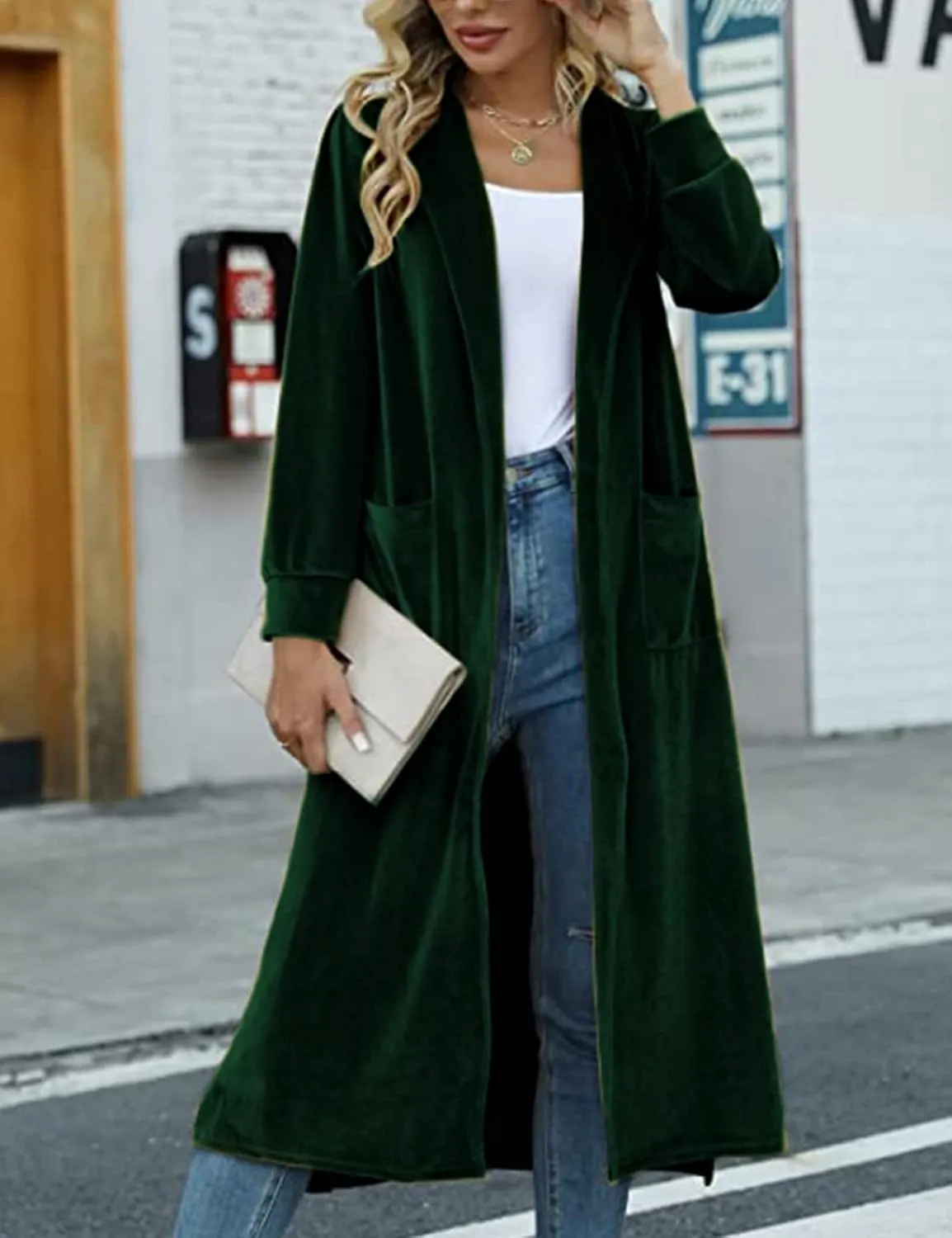 Flygo Women's Long Velvet Cardigan Jacket Lapel Collar Open Front Vintage Maxi Duster Blazer with Pockets