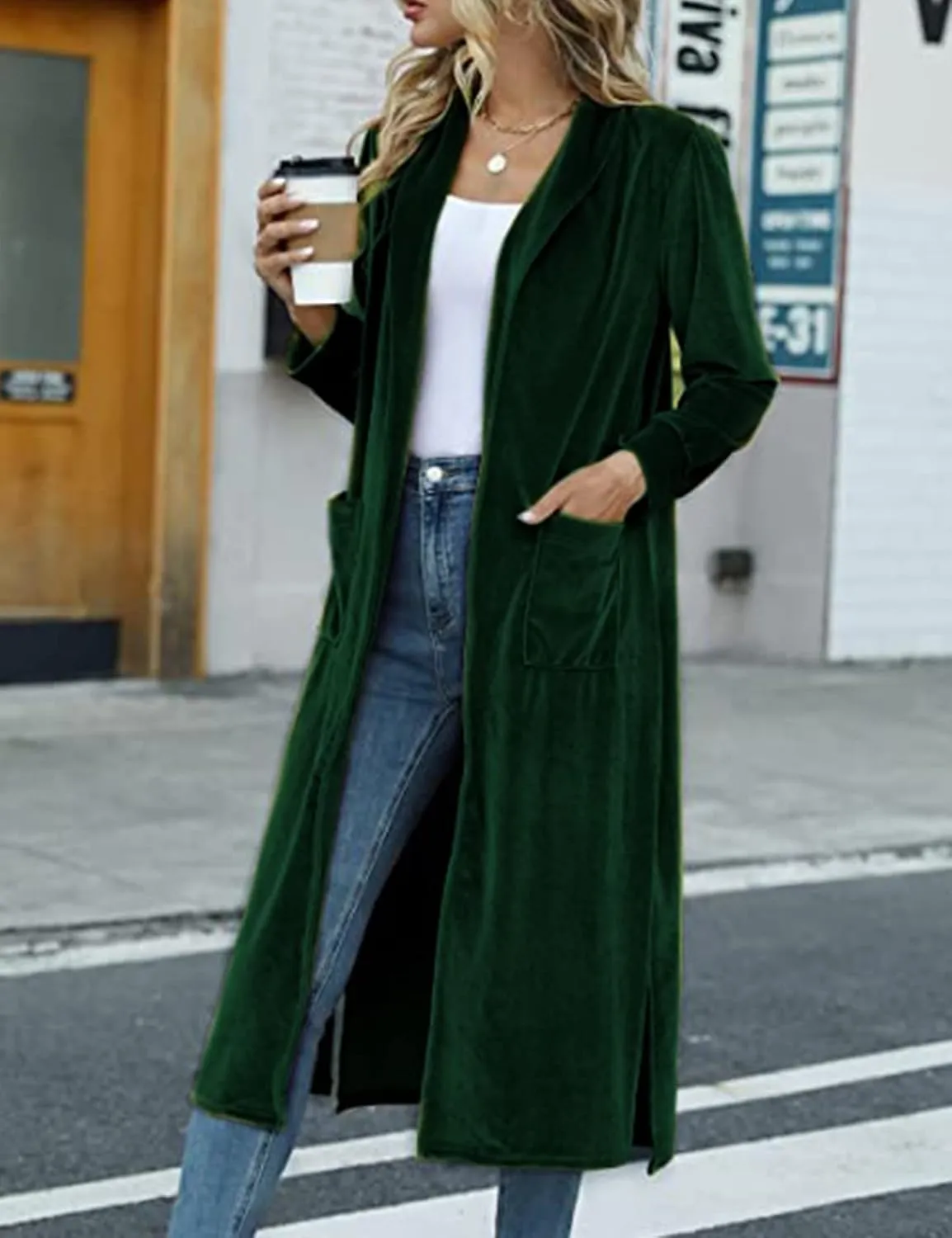 Flygo Women's Long Velvet Cardigan Jacket Lapel Collar Open Front Vintage Maxi Duster Blazer with Pockets