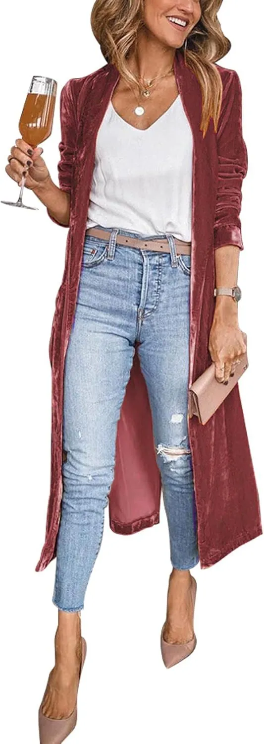 Flygo Women's Long Velvet Cardigan Jacket Lapel Collar Open Front Vintage Maxi Duster Blazer with Pockets