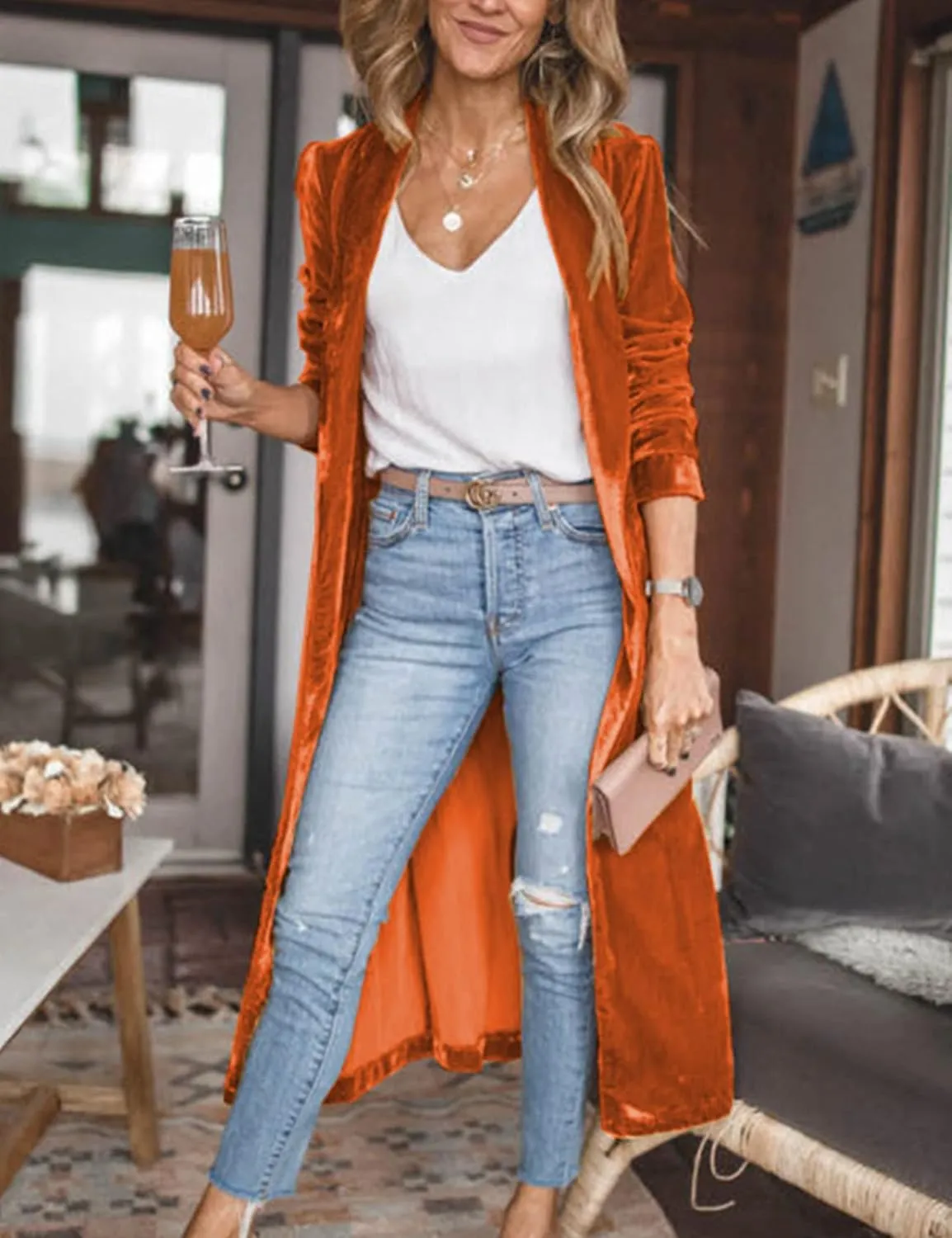 Flygo Women's Long Velvet Cardigan Jacket Lapel Collar Open Front Vintage Maxi Duster Blazer with Pockets