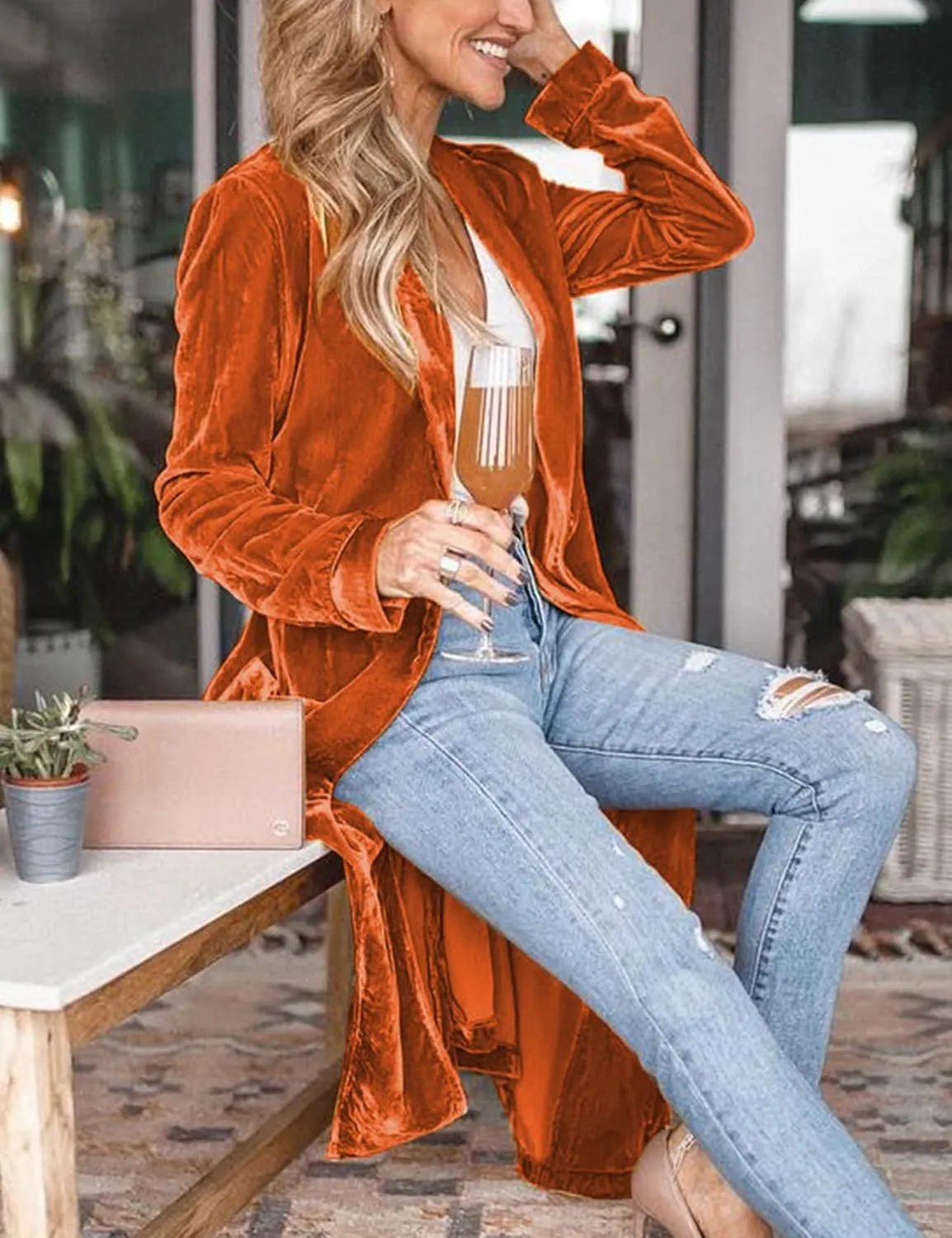 Flygo Women's Long Velvet Cardigan Jacket Lapel Collar Open Front Vintage Maxi Duster Blazer with Pockets