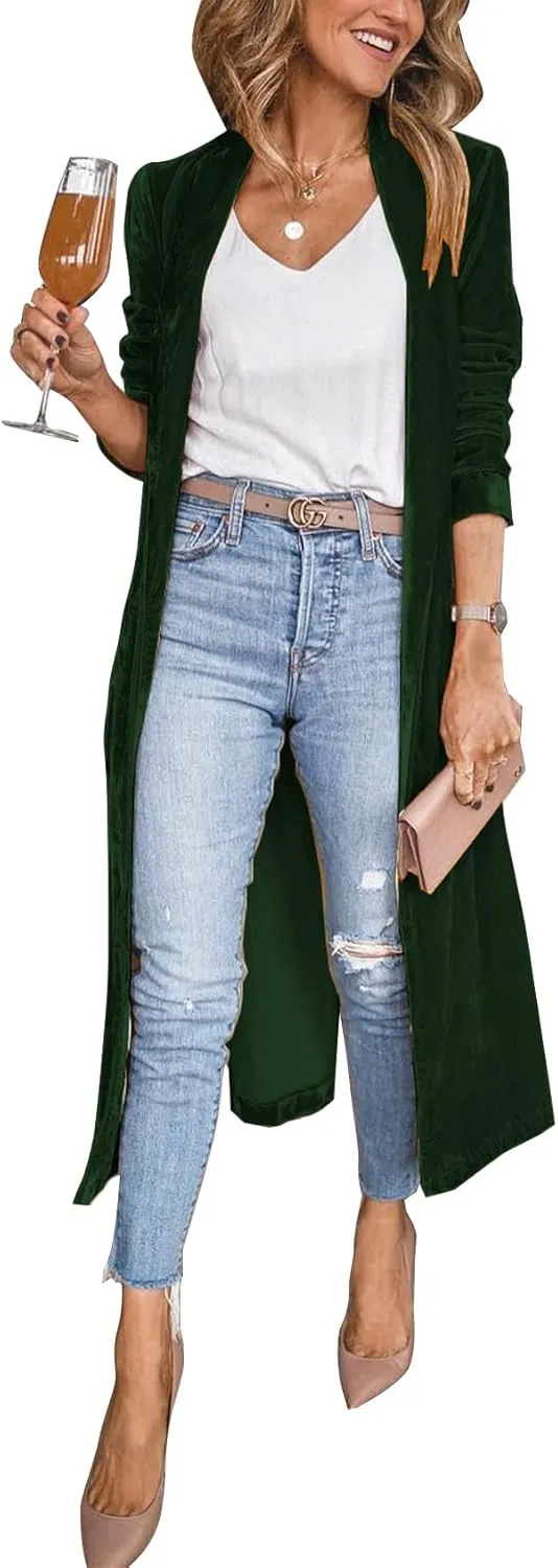 Flygo Women's Long Velvet Cardigan Jacket Lapel Collar Open Front Vintage Maxi Duster Blazer with Pockets
