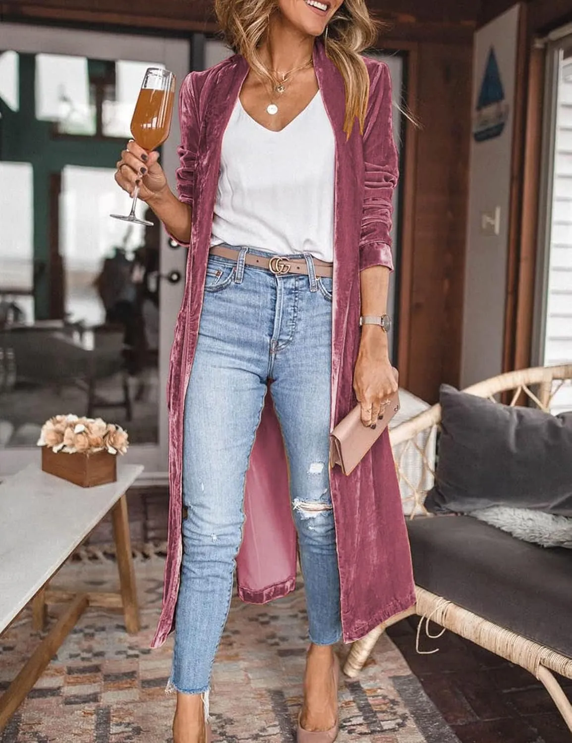 Flygo Women's Long Velvet Cardigan Jacket Lapel Collar Open Front Vintage Maxi Duster Blazer with Pockets
