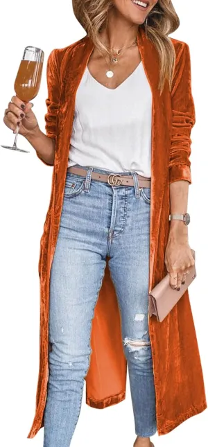 Flygo Women's Long Velvet Cardigan Jacket Lapel Collar Open Front Vintage Maxi Duster Blazer with Pockets