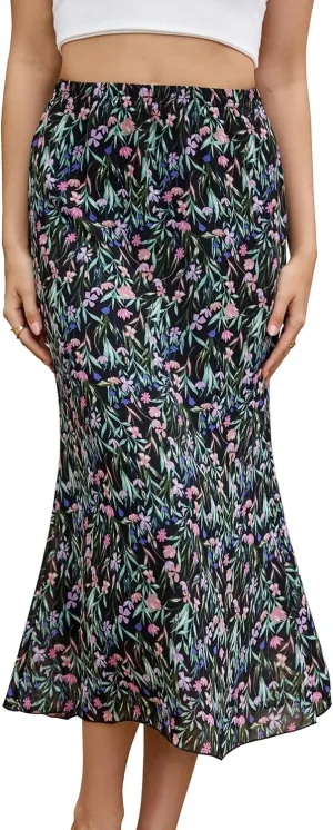 Gardenwed Women Summer Bohemian Ditsy Floral Skirt High Waist Casual Boho Mermaid Midi Skirts