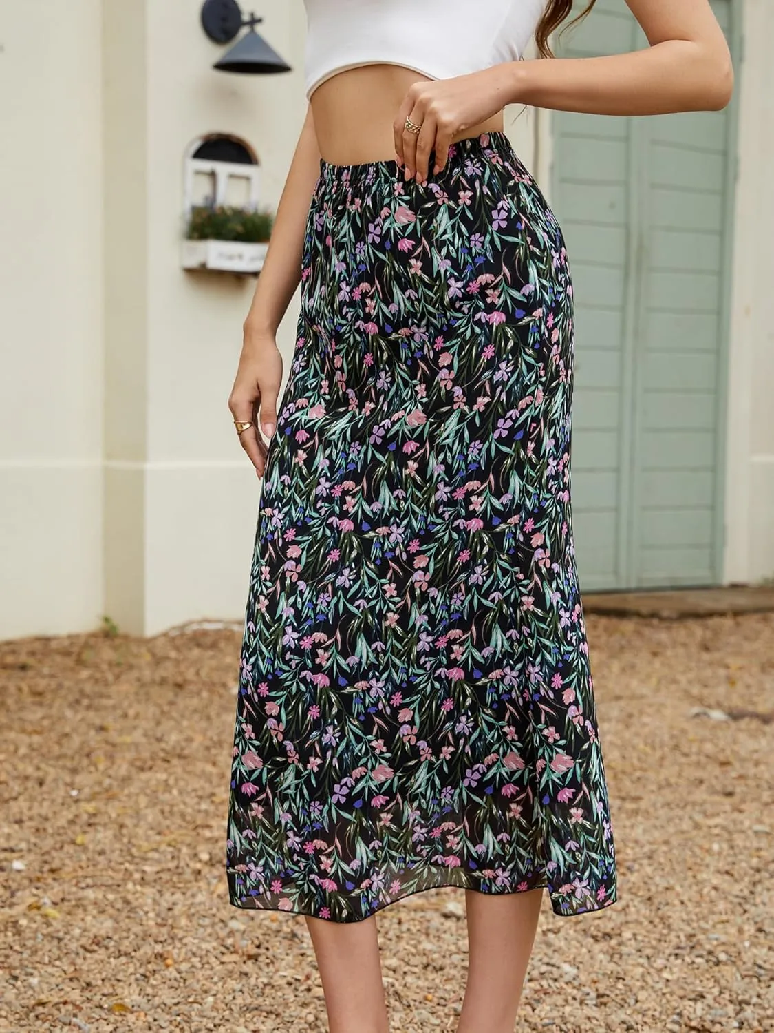 Gardenwed Women Summer Bohemian Ditsy Floral Skirt High Waist Casual Boho Mermaid Midi Skirts