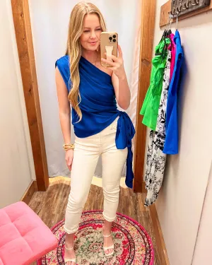 High Standards Royal Blue Self Tie Waist One Shoulder Sleeveless Top