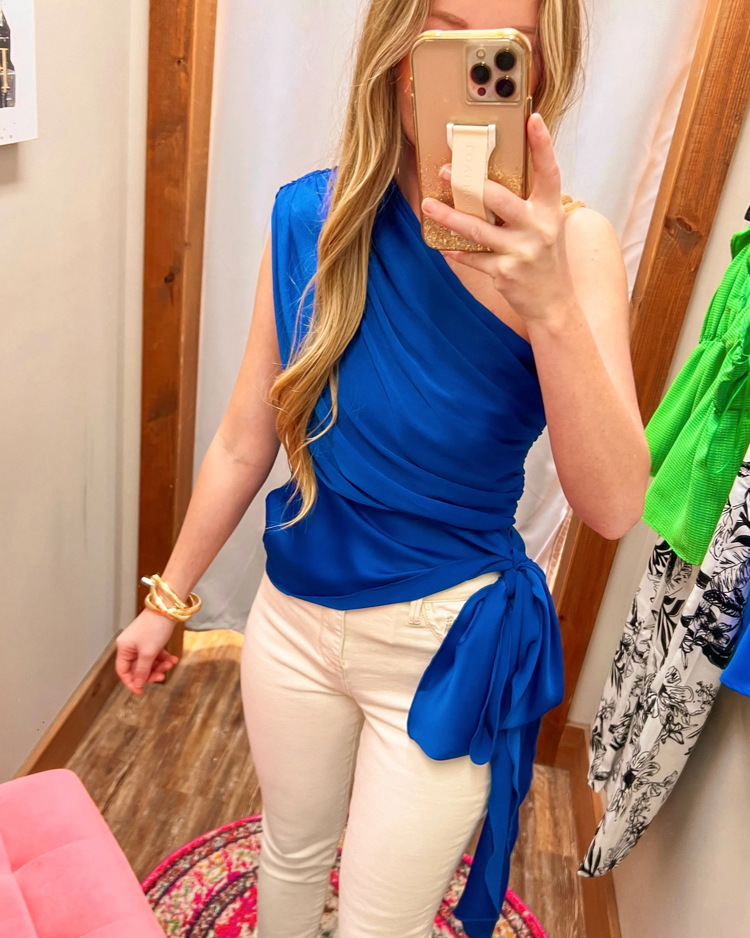 High Standards Royal Blue Self Tie Waist One Shoulder Sleeveless Top