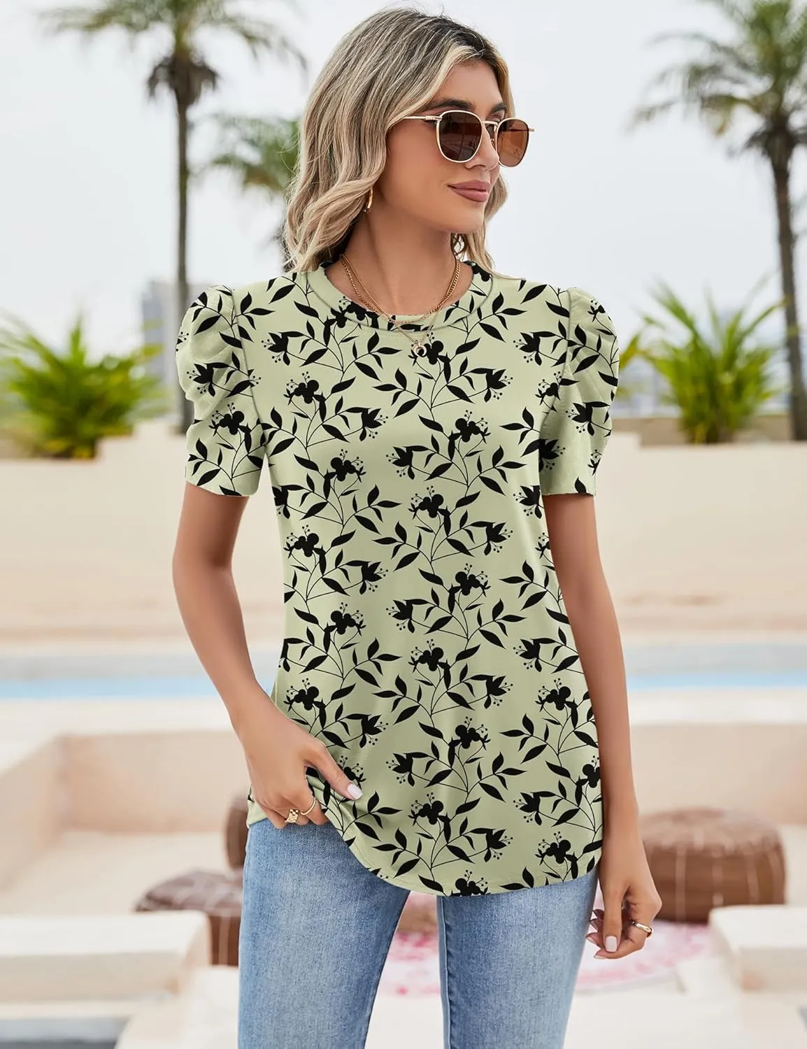 Ivicoer Puff Short Sleeve Shirt for Women Eyelet Tops Summer Crewneck Blouse Loose Fit S-XXL
