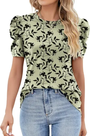 Ivicoer Puff Short Sleeve Shirt for Women Eyelet Tops Summer Crewneck Blouse Loose Fit S-XXL