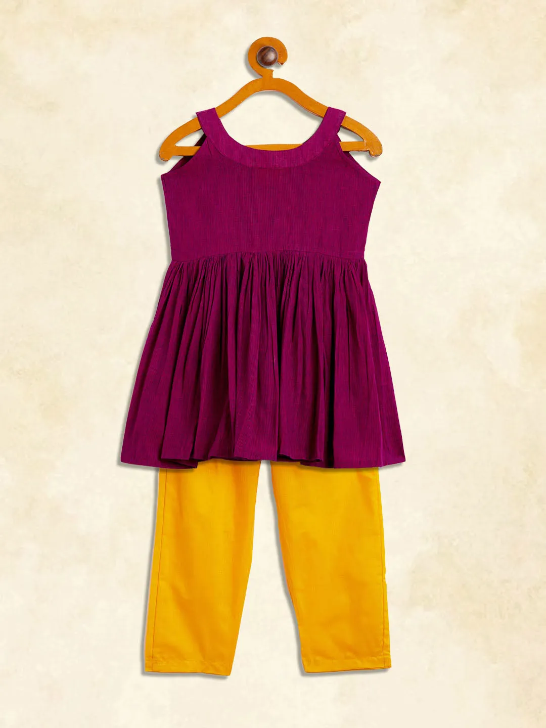 Jashvi SISHU Girl's Purple Striped Handloom Kurta With Yellow Pyjama Set