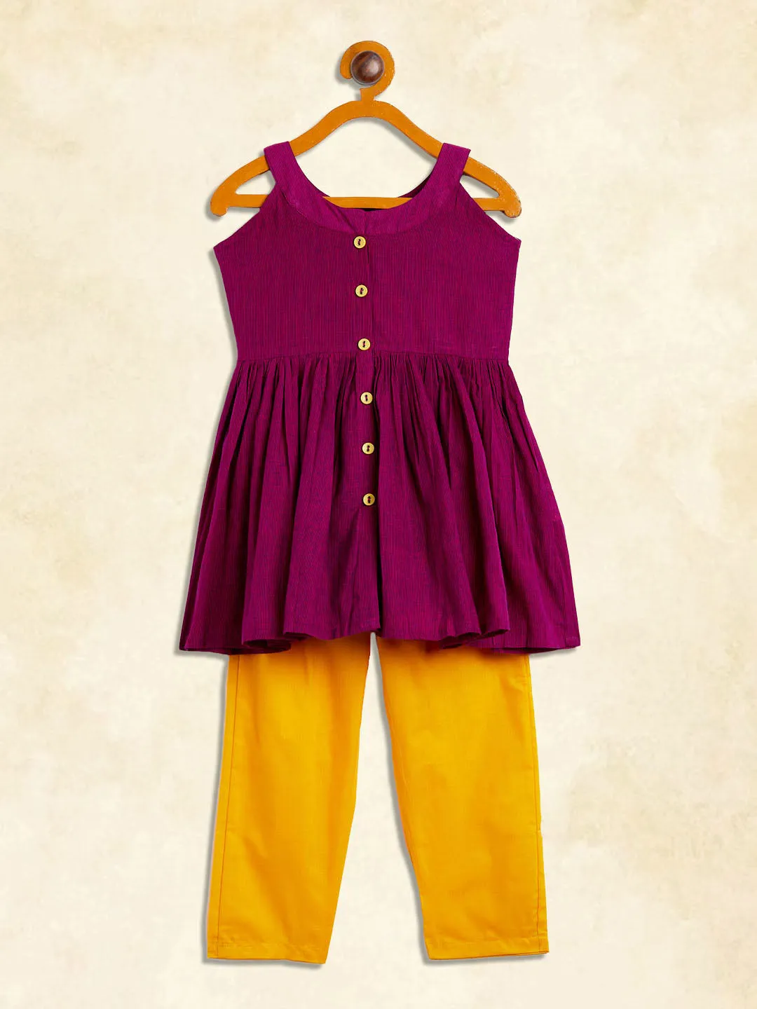 Jashvi SISHU Girl's Purple Striped Handloom Kurta With Yellow Pyjama Set