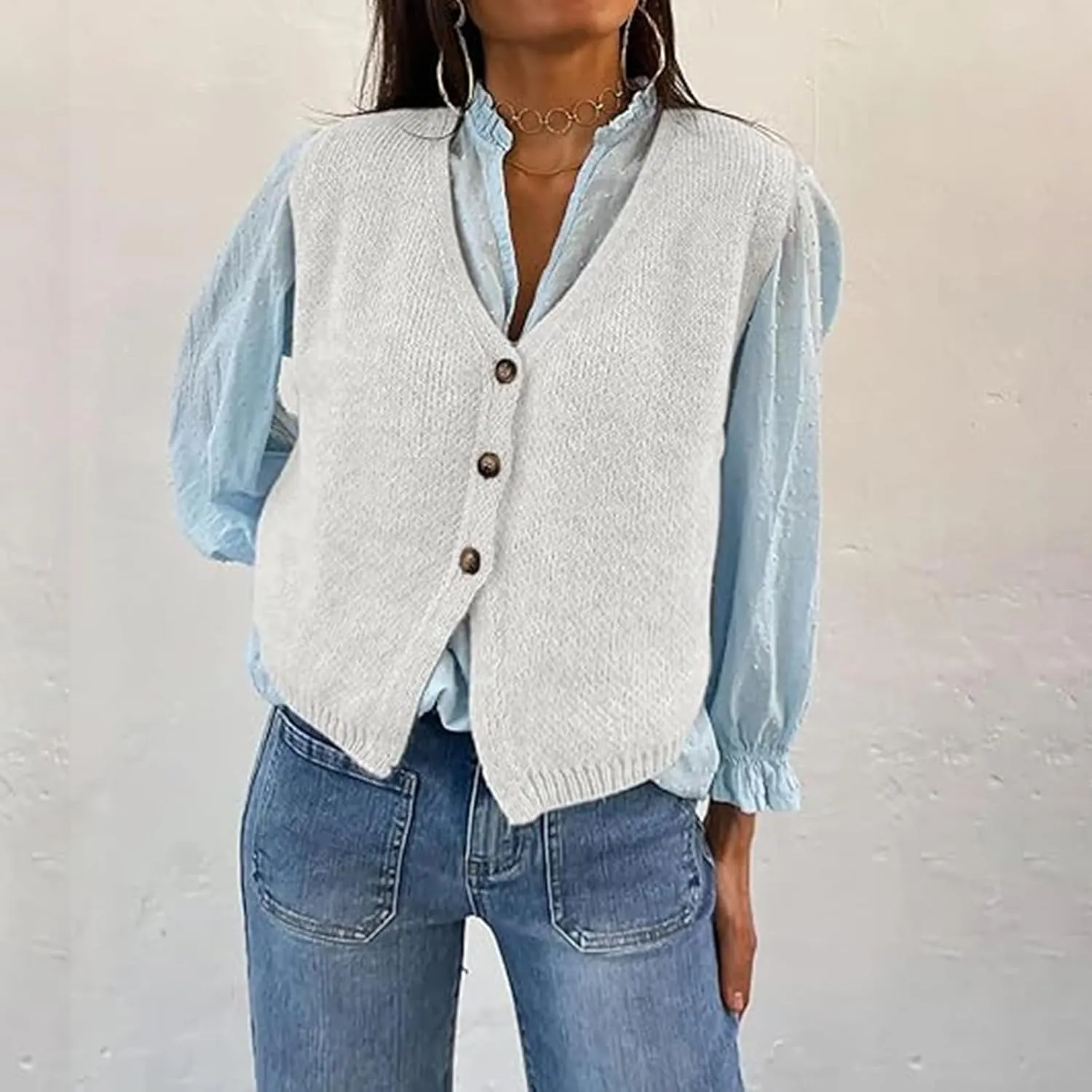 Knit Sweater Vest for Women V Neck Button Down Sleeveless Crop Knit Cardigan Open Front Sweater Vest Going Out Top
