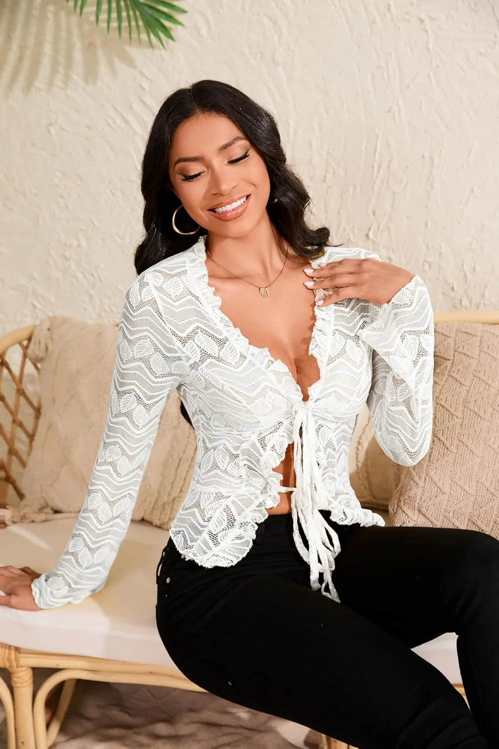 Lace Tops for Women Long Sleeve See Through Sexy Sheer Mesh Crop Top Shirt Open Front Tie Blouse Ruffle for Women