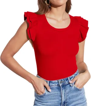 Lacozy Womens Ruffle Sleeve Tops Crew Neck Sleeveless Slim Fit Shirt Casual Ribbed Knit Tees Summer Tops Blouses