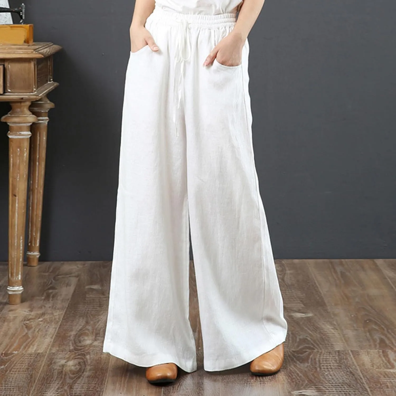 Linen Pants for Women Wide Leg High Waisted Palazzo Pants Beach Trousers Drawstring Flowy Pants with Pockets