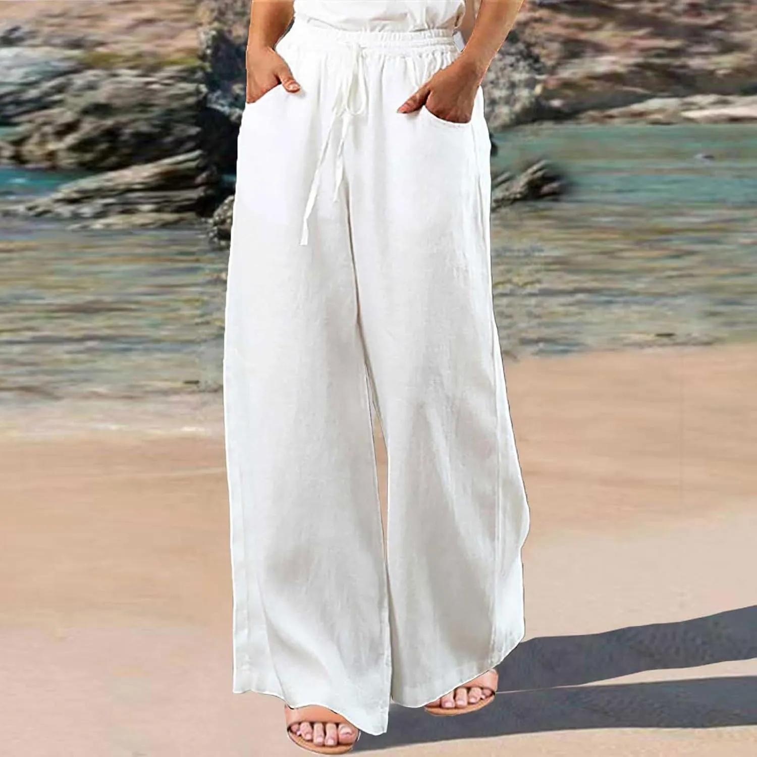 Linen Pants for Women Wide Leg High Waisted Palazzo Pants Beach Trousers Drawstring Flowy Pants with Pockets
