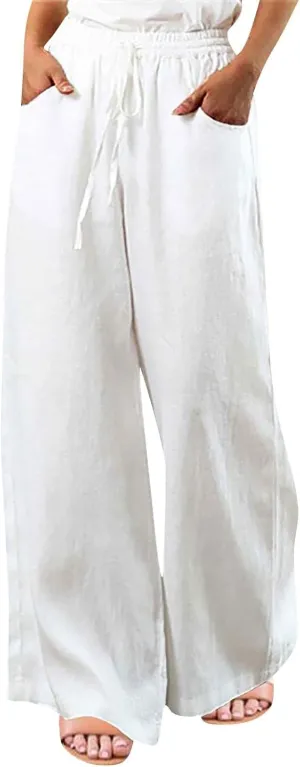 Linen Pants for Women Wide Leg High Waisted Palazzo Pants Beach Trousers Drawstring Flowy Pants with Pockets
