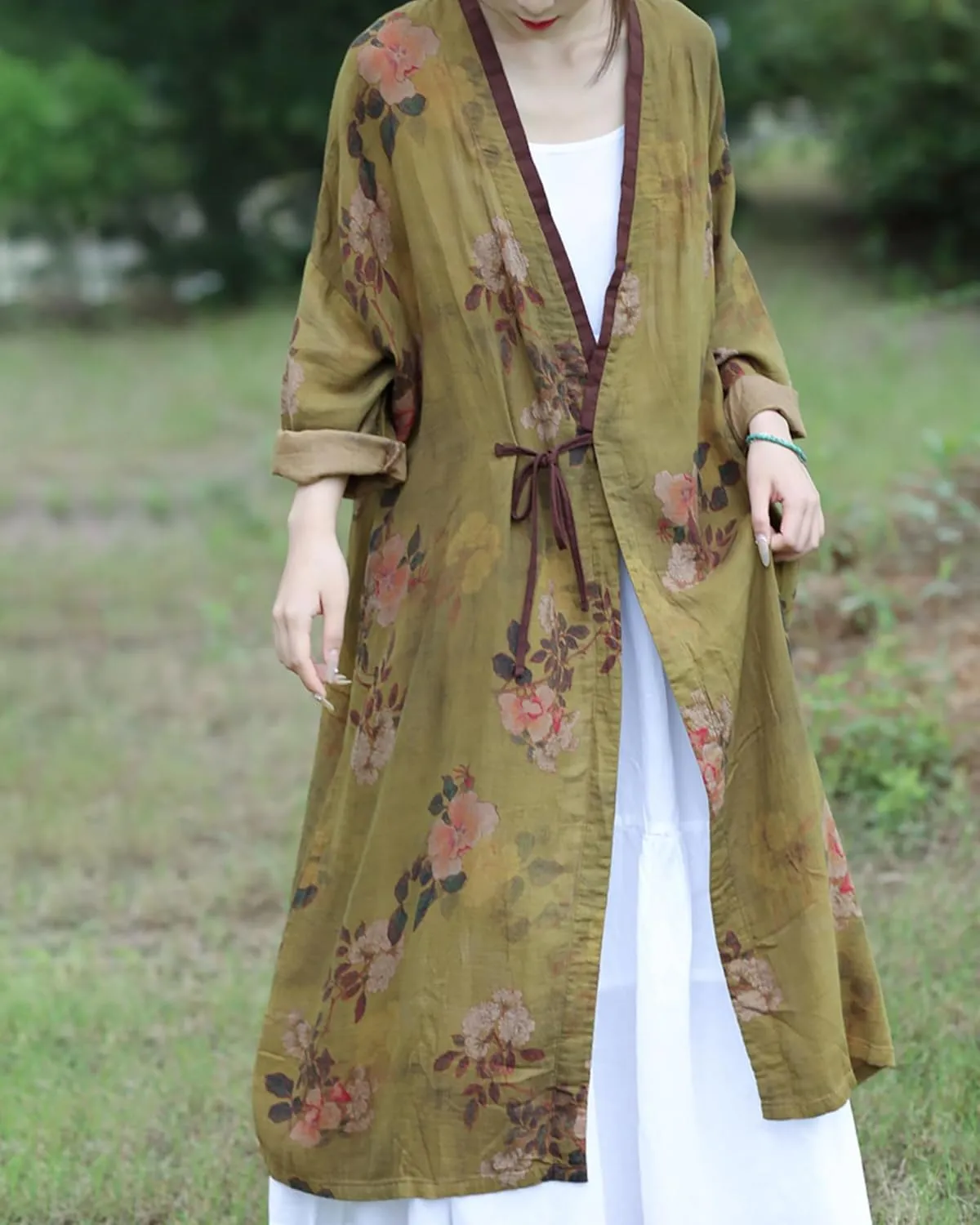 LUZU JUNU Women Lightweight cotton Kimono Cover ups Floral Printed Tie Up Loose boho Cardigan Open Front Trench Coat Shawl