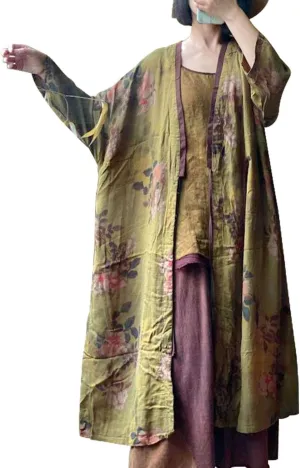 LUZU JUNU Women Lightweight cotton Kimono Cover ups Floral Printed Tie Up Loose boho Cardigan Open Front Trench Coat Shawl