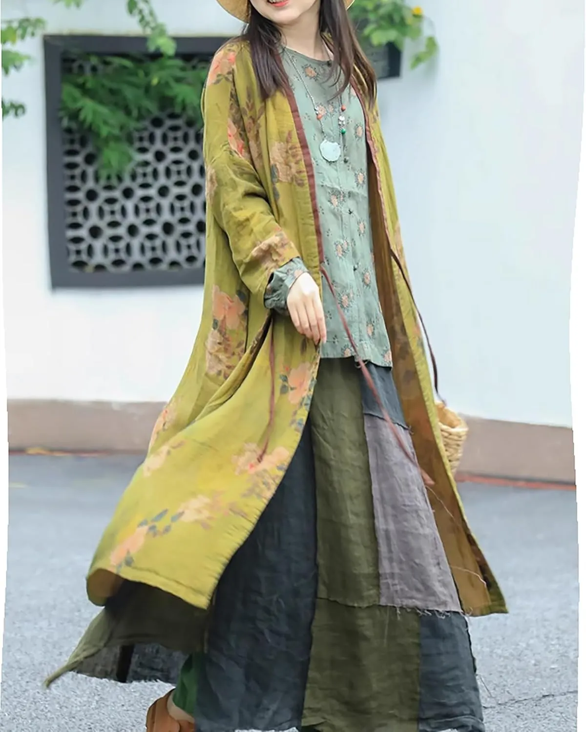 LUZU JUNU Women Lightweight cotton Kimono Cover ups Floral Printed Tie Up Loose boho Cardigan Open Front Trench Coat Shawl