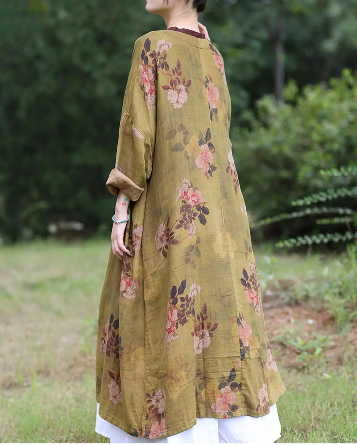 LUZU JUNU Women Lightweight cotton Kimono Cover ups Floral Printed Tie Up Loose boho Cardigan Open Front Trench Coat Shawl