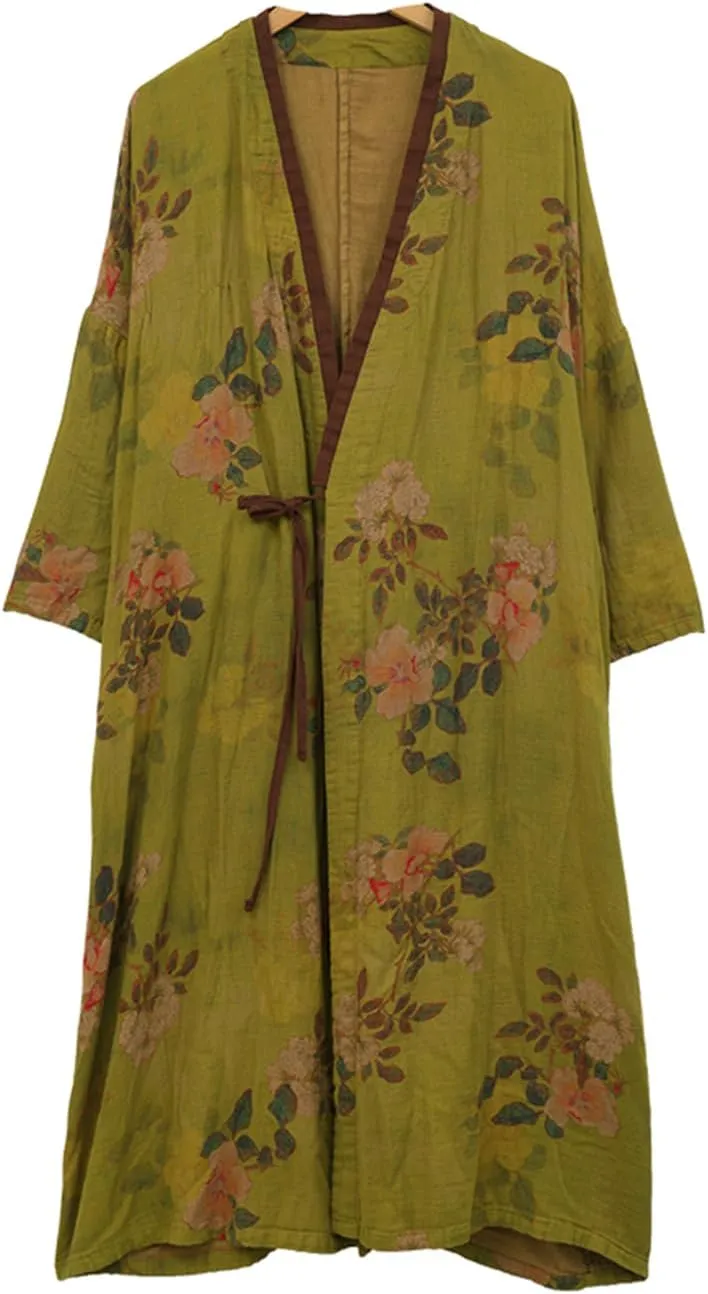 LUZU JUNU Women Lightweight cotton Kimono Cover ups Floral Printed Tie Up Loose boho Cardigan Open Front Trench Coat Shawl