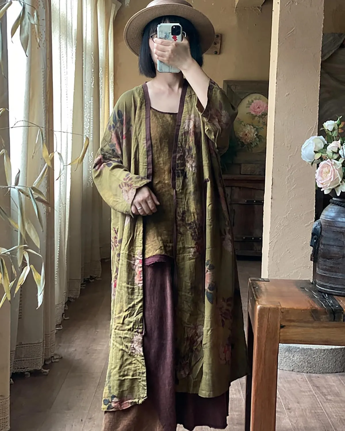 LUZU JUNU Women Lightweight cotton Kimono Cover ups Floral Printed Tie Up Loose boho Cardigan Open Front Trench Coat Shawl