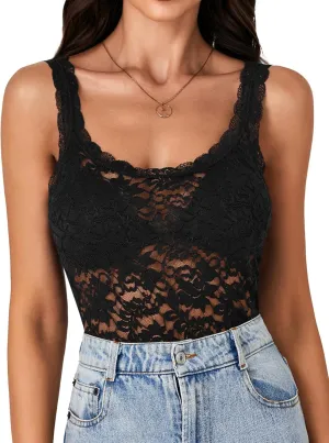 LYANER Women's Floral Lace Scallop Spaghetti Strap Sleeveless Sheer Tank Cami Top Blouse