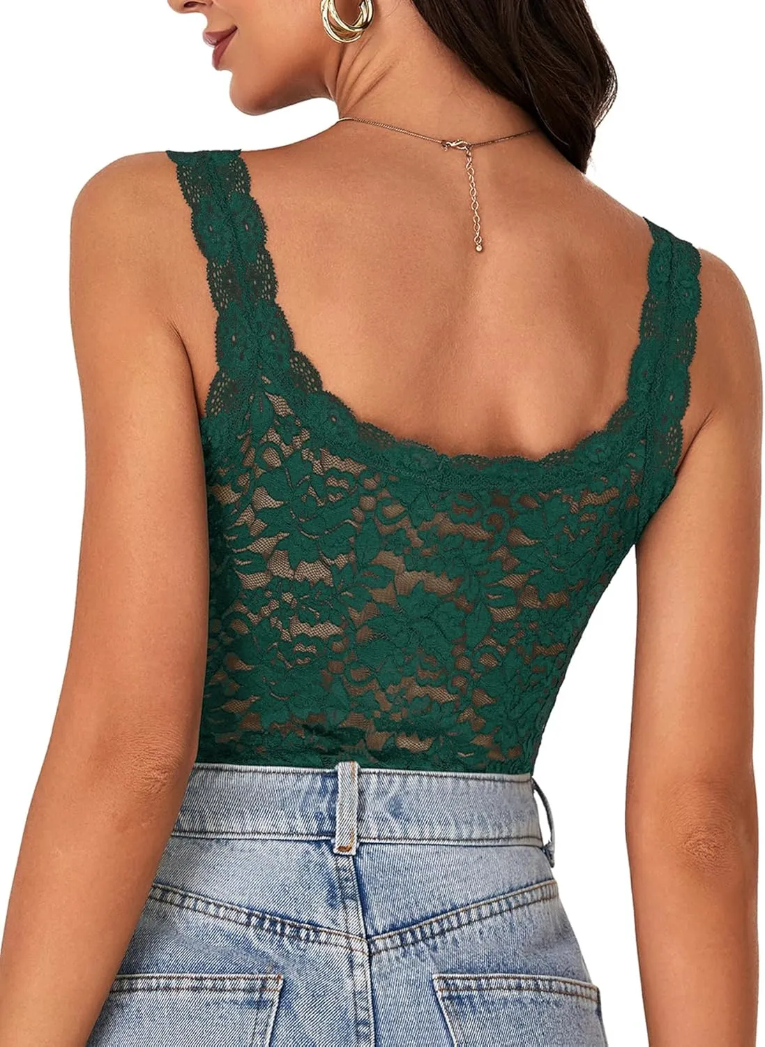 LYANER Women's Floral Lace Scallop Spaghetti Strap Sleeveless Sheer Tank Cami Top Blouse