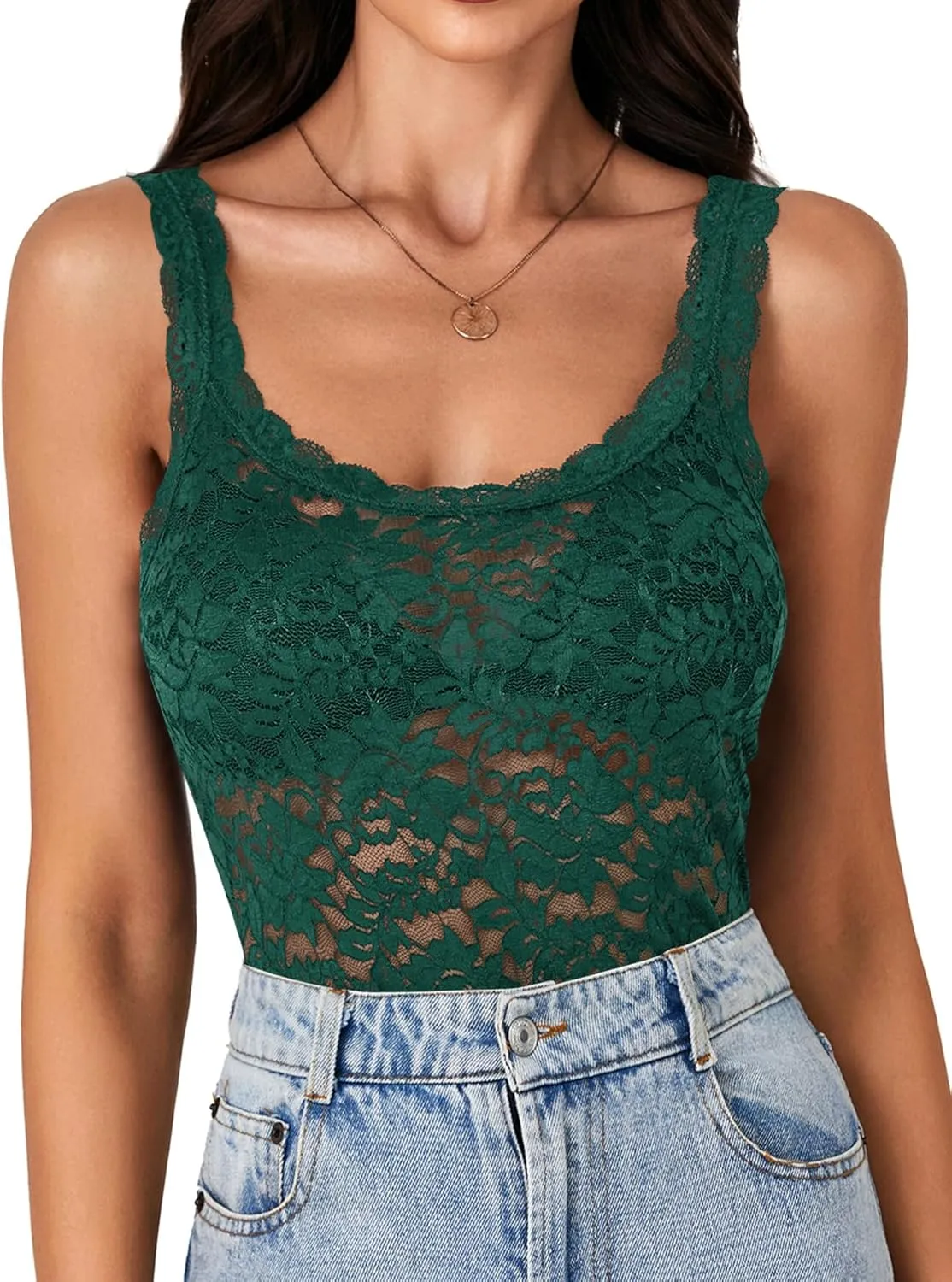 LYANER Women's Floral Lace Scallop Spaghetti Strap Sleeveless Sheer Tank Cami Top Blouse