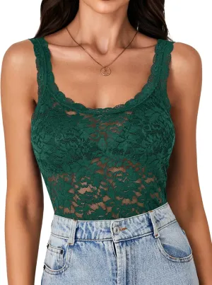 LYANER Women's Floral Lace Scallop Spaghetti Strap Sleeveless Sheer Tank Cami Top Blouse