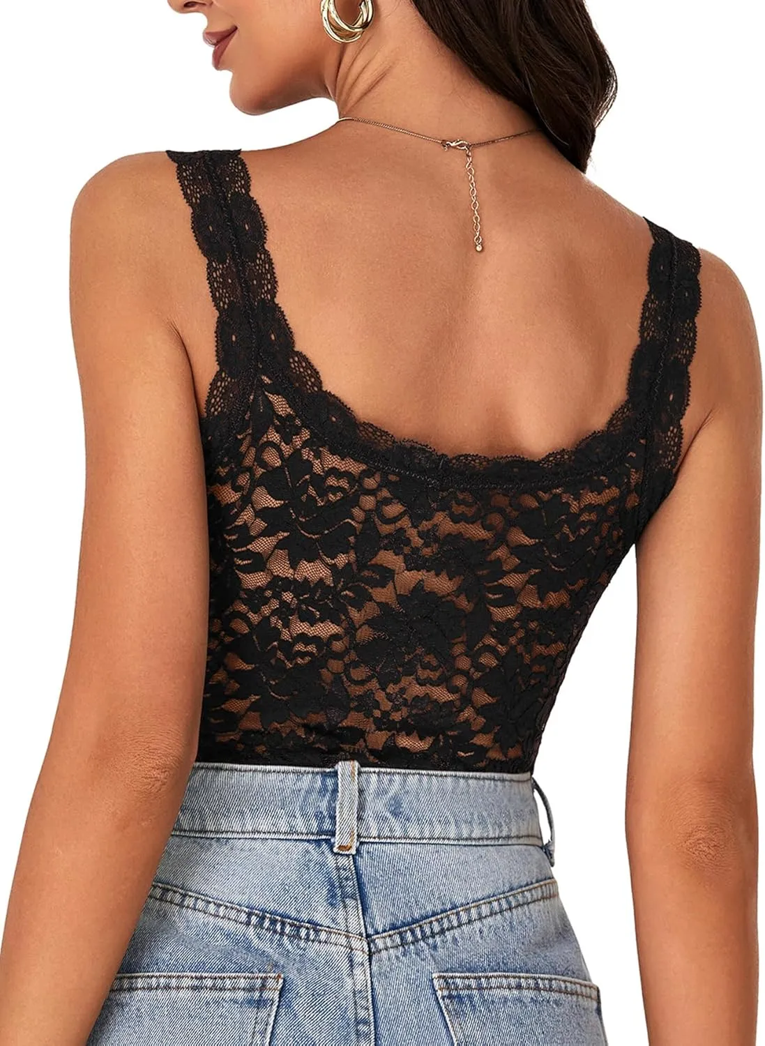 LYANER Women's Floral Lace Scallop Spaghetti Strap Sleeveless Sheer Tank Cami Top Blouse