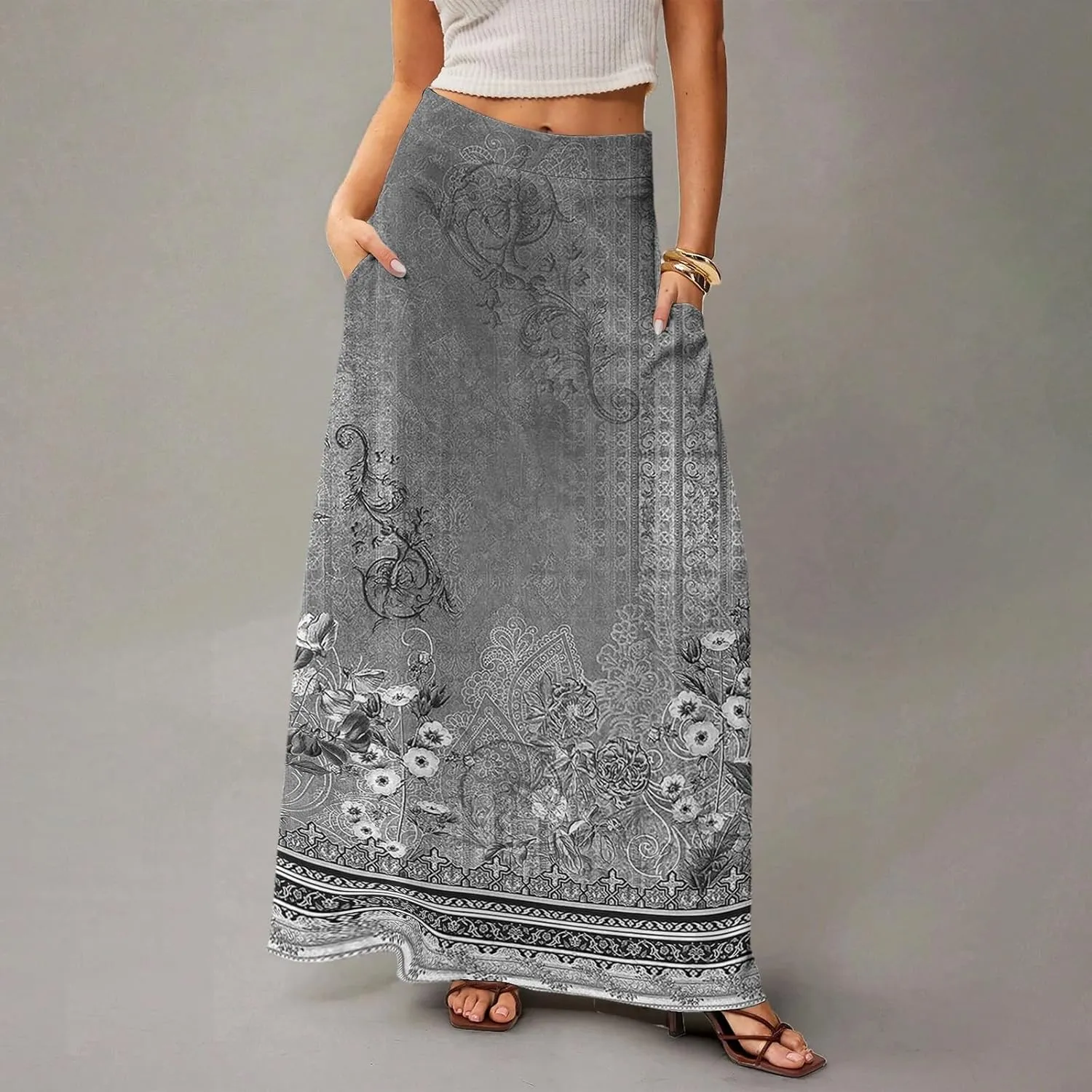 Maxi Skirts for Women 2025 Boho Elastic High Waisted Long Skirt with Pockets Summer Beach Flowy Floral Skirt