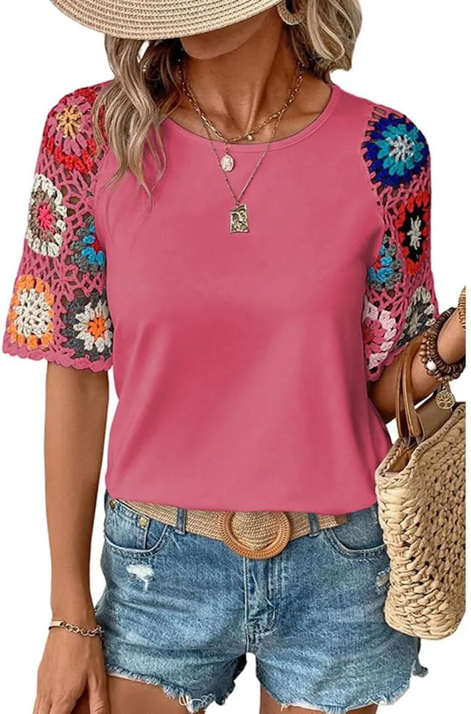 Melliflo Women's Summer Floral Crochet Short Sleeve T Shirts Casual Solid Boho Hollow Out Crewneck Tunic Tops 2024