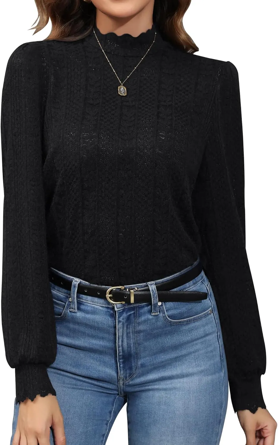 Micoson Women Lace Shirts Mock Neck Long Sleeve Top Casual Blouses Stretch Lace Slim T Shirt Dressy Blouse Tunic Tops