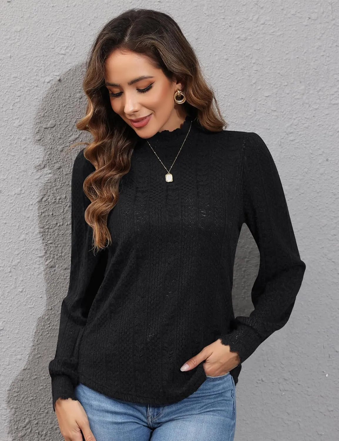 Micoson Women Lace Shirts Mock Neck Long Sleeve Top Casual Blouses Stretch Lace Slim T Shirt Dressy Blouse Tunic Tops
