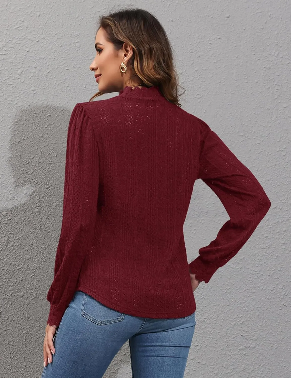 Micoson Women Lace Shirts Mock Neck Long Sleeve Top Casual Blouses Stretch Lace Slim T Shirt Dressy Blouse Tunic Tops